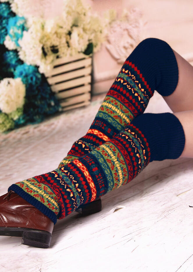 

Knee-High Socks Colorful Striped Bohemia Thigh-High Leg Warmers Socks in Navy Blue. Size