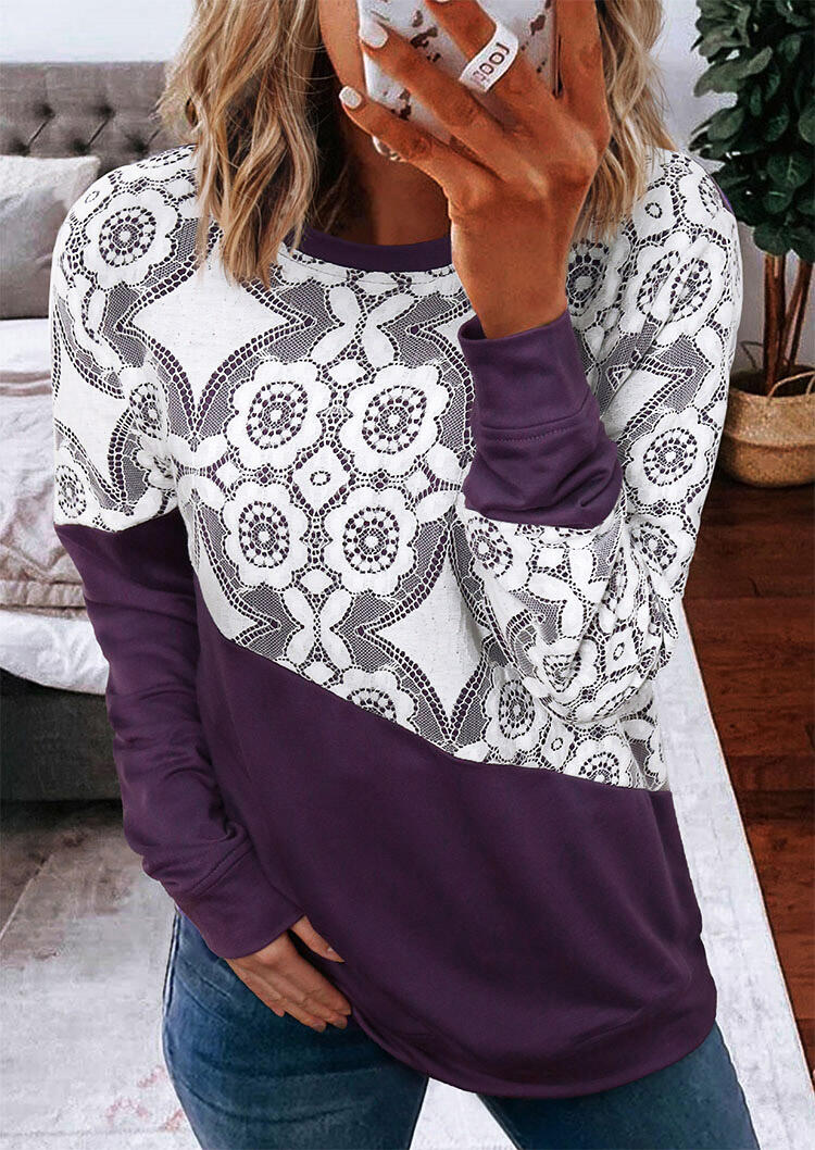 

Sweatshirts Asymmetric Lace Splicing Long Sleeve Pullover Sweatshirt in Purple. Size