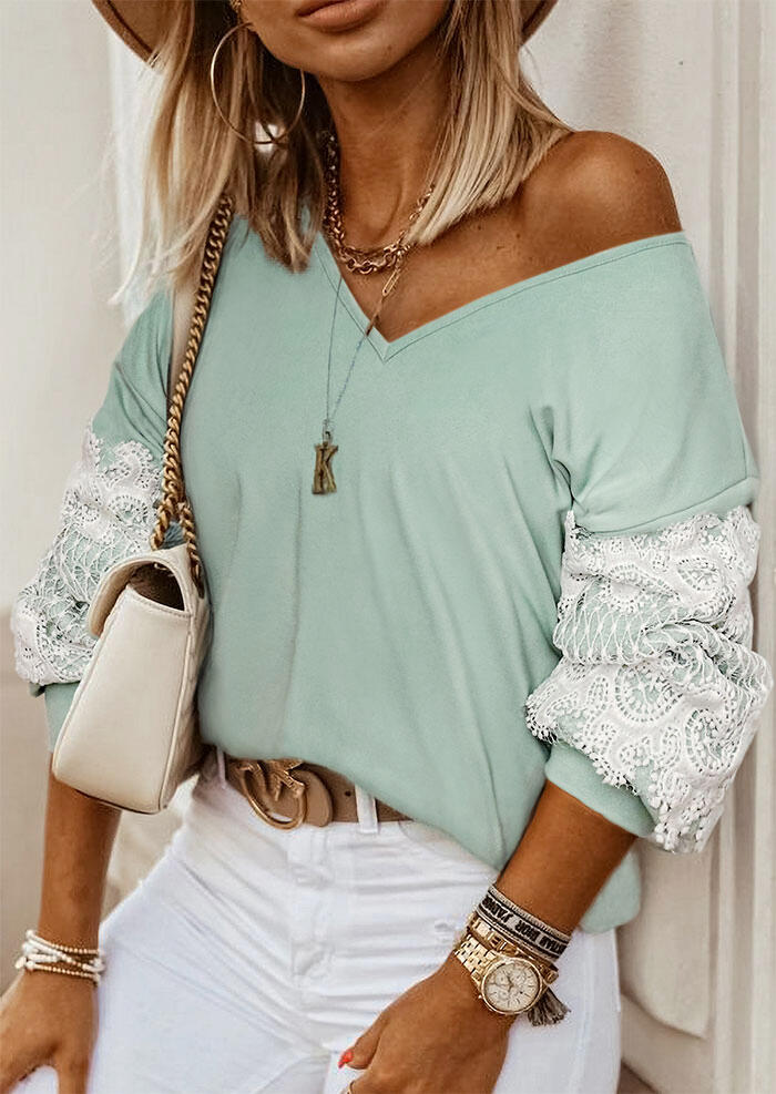 

Sweatshirts Lace Splicing V-Neck Long Sleeve Sweatshirt in Light Green. Size
