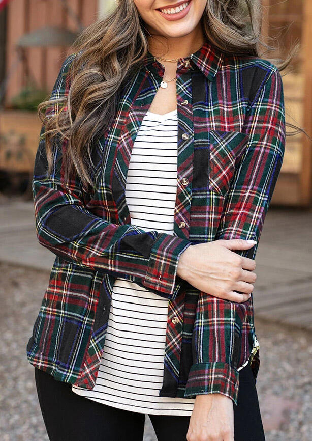 

Shirts Plaid Button Pocket Long Sleeve Asymmetric Shirt in Multicolor. Size