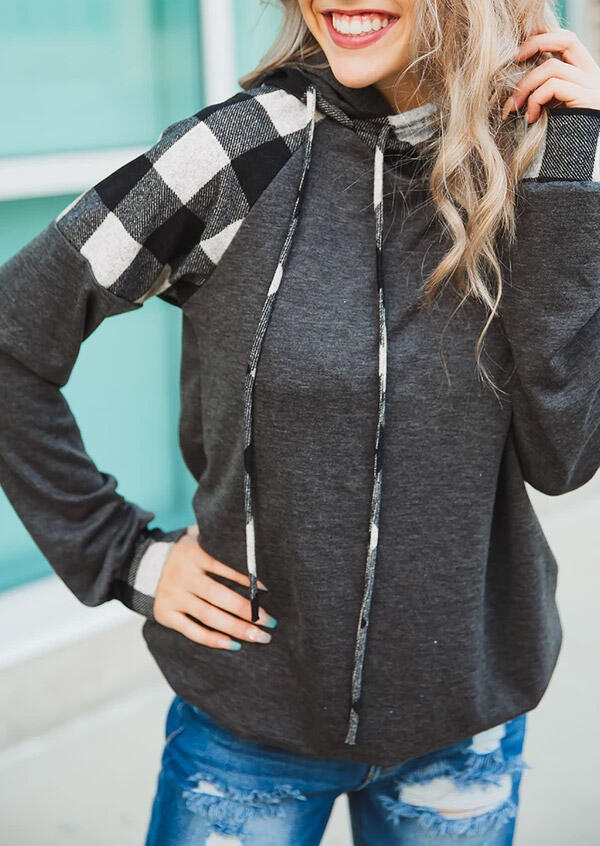 

Hoodies Plaid Splicing Drawstring Pullover Hoodie in Dark Grey. Size: ,M