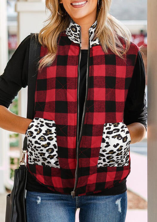 

Coats Plaid Splicing Leopard Pocket Zipper Sleeveless Vest Coat in Plaid. Size: ,M