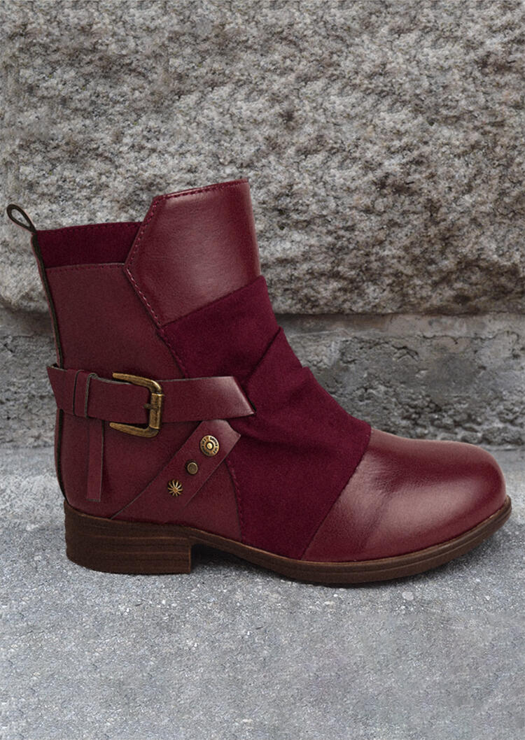 

Boots Rivets Buckle Strap Low Heeled Ankle Boots in Red. Size