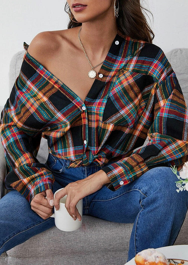 

Shirts Plaid Button Pocket Long Sleeve Asymmetric Shirt in Plaid. Size