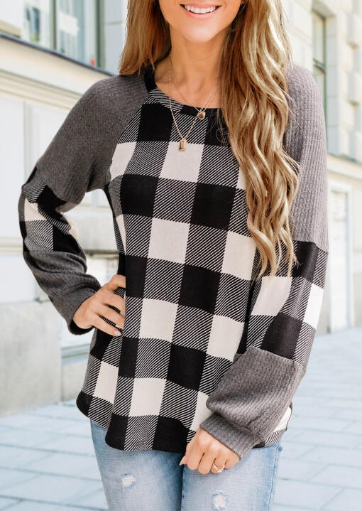 

Blouses Plaid Raglan Long Sleeve O-Neck Blouse in Plaid. Size