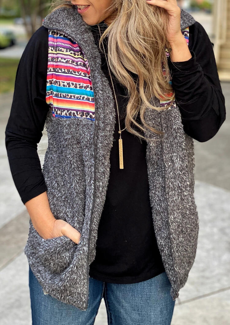 

Coats Serape Striped Leopard Pocket Plush Vest Coat in Gray. Size