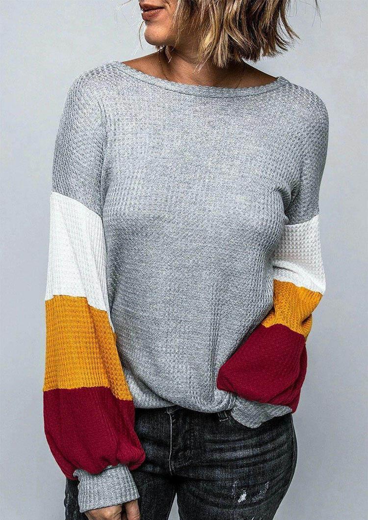 

Blouses Color Block Long Sleeve O-Neck Blouse in Gray. Size: ,L