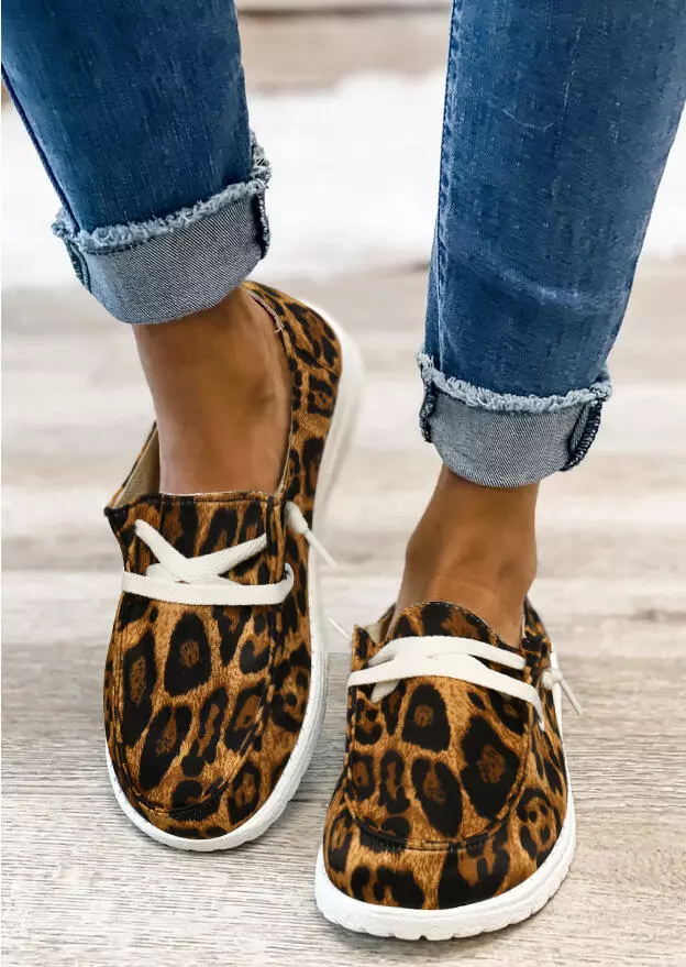 leopard lace up round toe flat sneakers