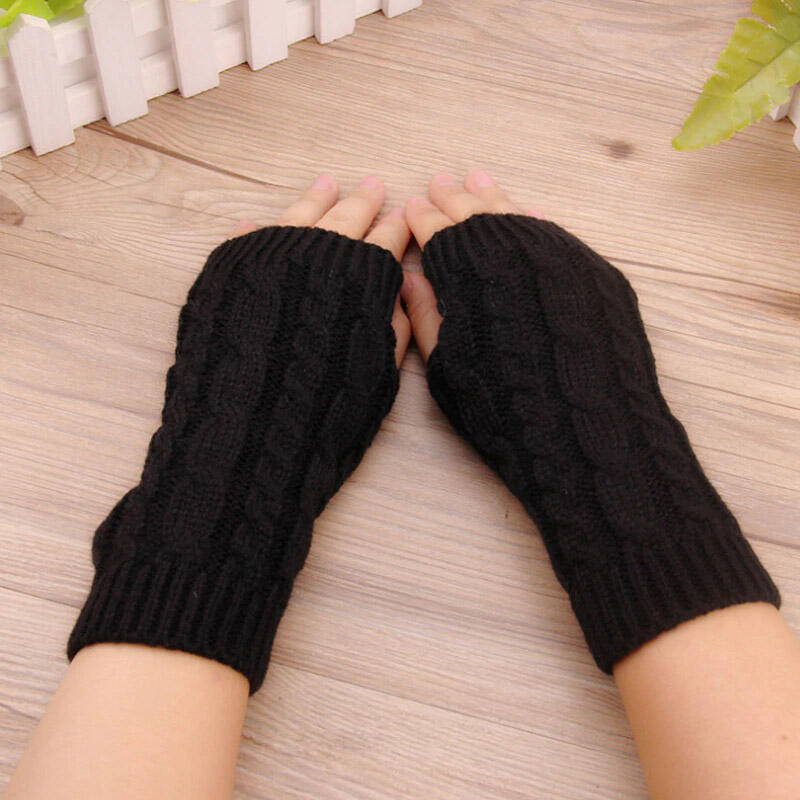 

Gloves Winter Warm Fingerless Thumbhole Knitted Crochet Gloves in Black. Size