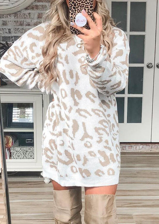 

Mini Dresses Leopard Splicing Knitted Long Sleeve Sweater Mini Dress in Leopard. Size