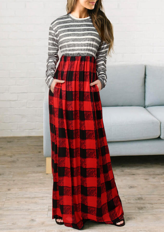 

Maxi Dresses Striped Plaid Splicing Ruffled Pocket Maxi Dress in Red. Size: ,L