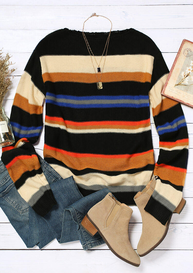 

Sweaters Colorful Striped Knitted Long Sleeve Sweater in Multicolor. Size