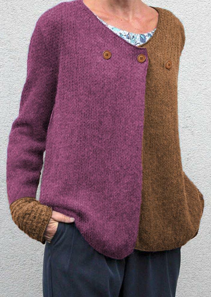 

Sweaters Color Block Button V-Neck Knitted Sweater in Multicolor. Size