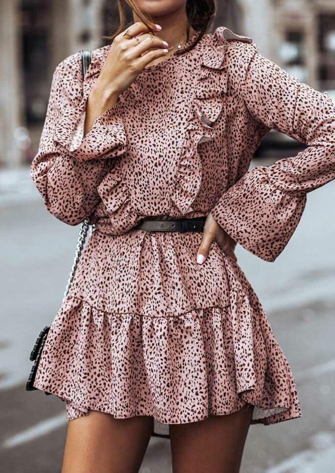 Mini Dresses Leopard Ruffled Flare Sleeve Tie Mini Dress in Pink. Size: L,M,XL
