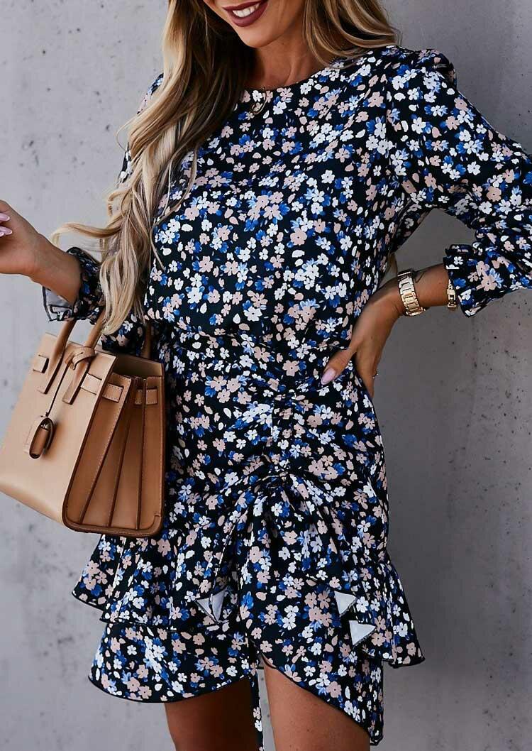 

Mini Dresses Floral Ruffled Drawstring Button Long Sleeve Mini Dress in Multicolor. Size: ,M,L,XL