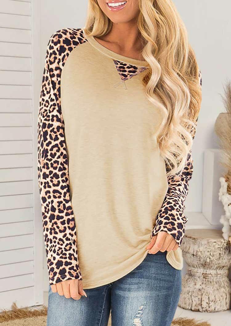 

T-shirts Tees Leopard Splicing O-Neck Long Sleeve T-Shirt Tee in Apricot. Size