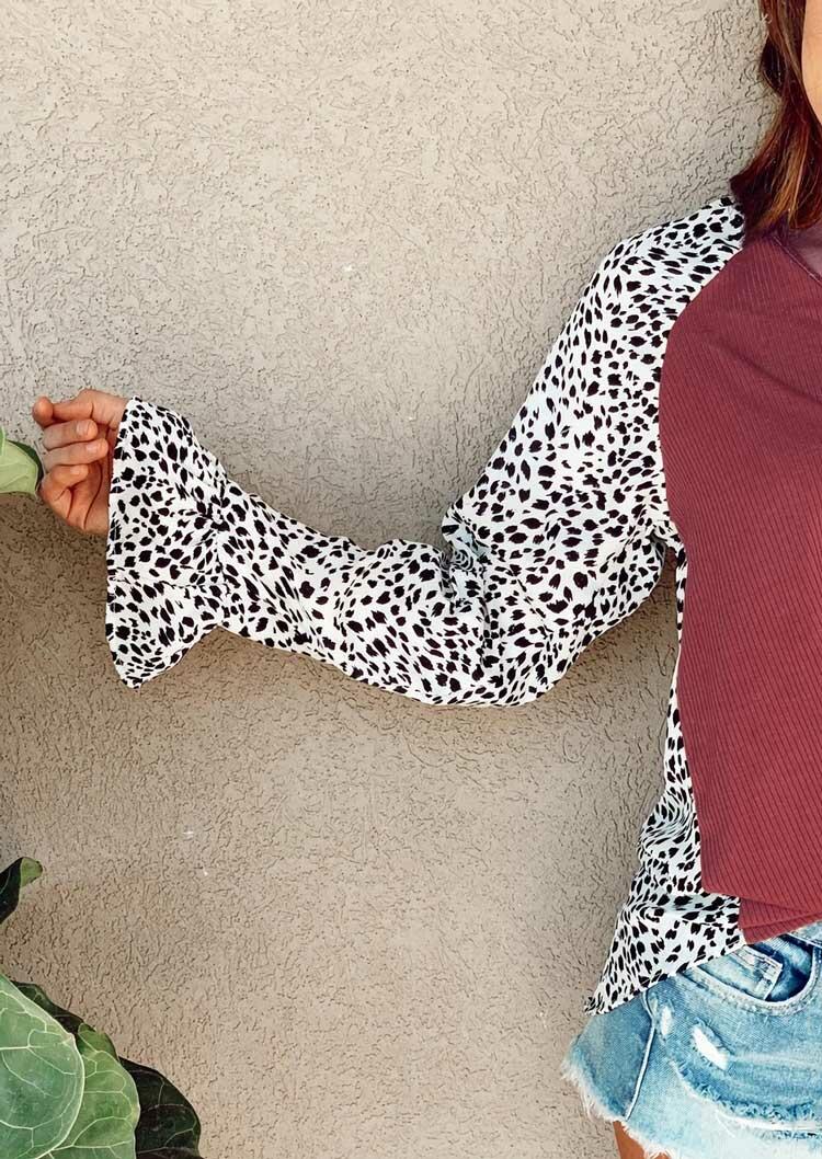 

Blouses Leopard Ruffled Splicing Raglan Sleeve Blouse in Multicolor. Size