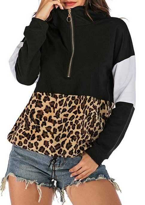 

Hoodies Leopard Color Block Zipper Drawstring Pullover Hoodie in Black. Size