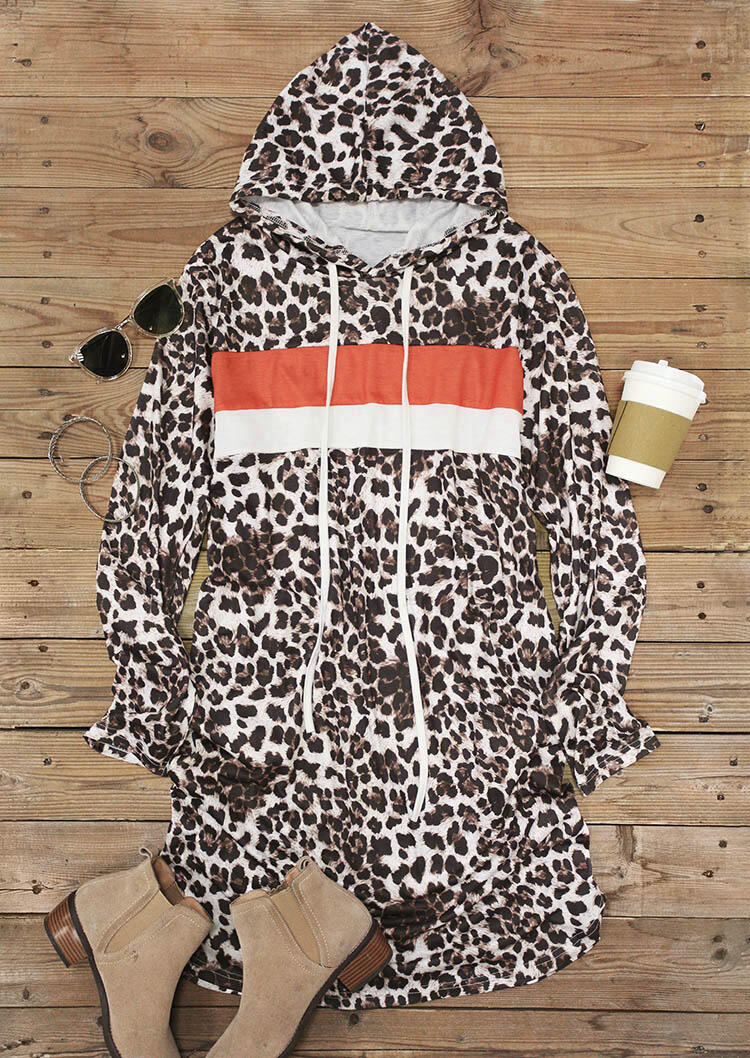 

Mini Dresses Leopard Splicing Color Block Drawstring Hooded Mini Dress in Leopard. Size: ,M,L