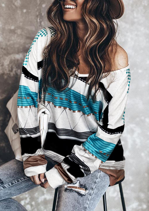 

Blouses Geometric V-Neck Long Sleeve Blouse in Multicolor. Size