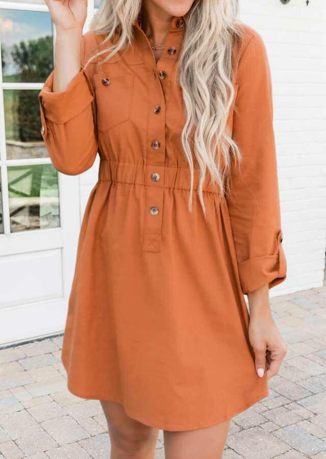 

Mini Dresses Ruffled Elastic Waist Pocket Long Sleeve Mini Dress in Orange. Size: ,M,L