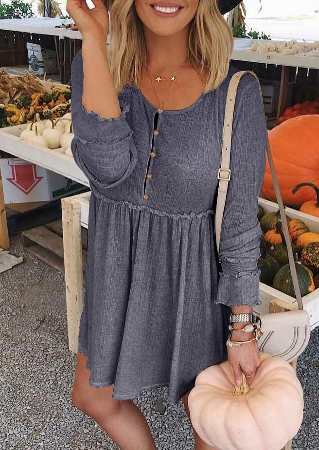 Ruffled Button Long Sleeve O-Neck Mini Dress - Dark Grey