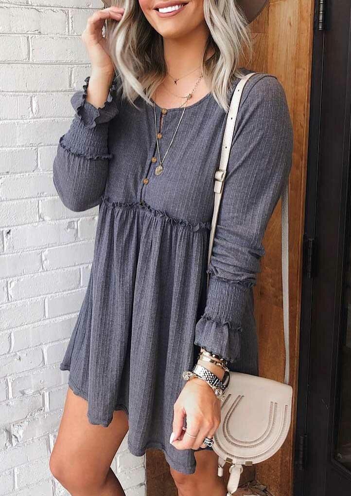 

Mini Dresses Ruffled Button Long Sleeve O-Neck Mini Dress - Dark Grey in Gray. Size: L,M