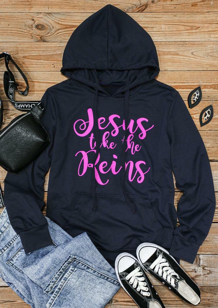 

Hoodies Jesus Take The Reins Kangaroo Pocket Drawstring Hoodie in Navy Blue. Size: ,M