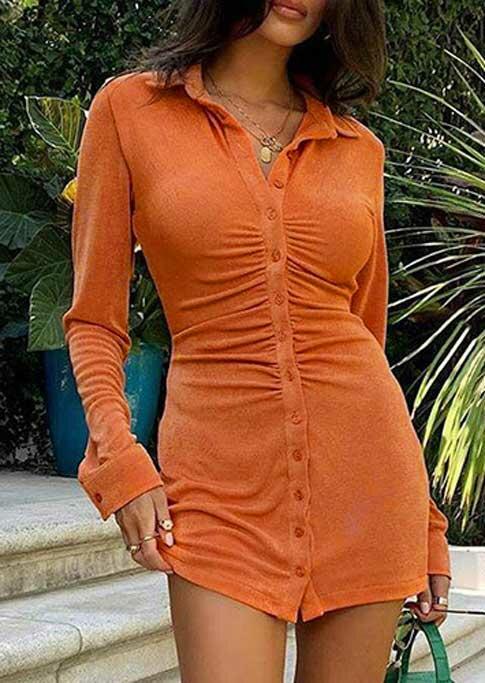 

Ruched Button Long Sleeve Bodycon Dress - Orange, 488895