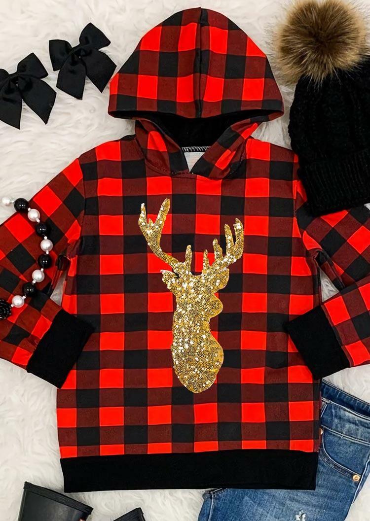 

Hoodies Sequined Reindeer Buffalo Plaid Pullover Hoodie in Plaid. Size