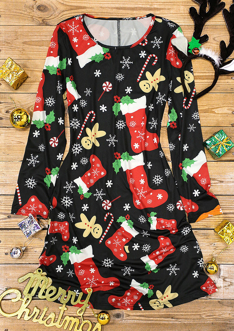 

Mini Dresses Christmas Snowflake O-Neck Mini Dress in Black. Size