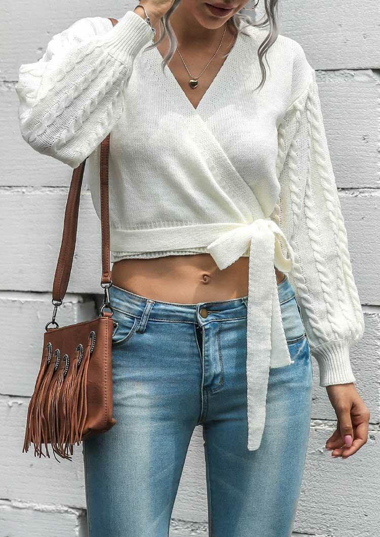 

Sweaters Crochet Knitted Wrap Tie Lantern Sleeve Sweater in White. Size: ,XL