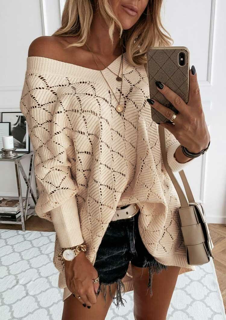 

Sweaters Hollow Out Batwing Sleeve V-Neck Knitted Sweater in Apricot. Size