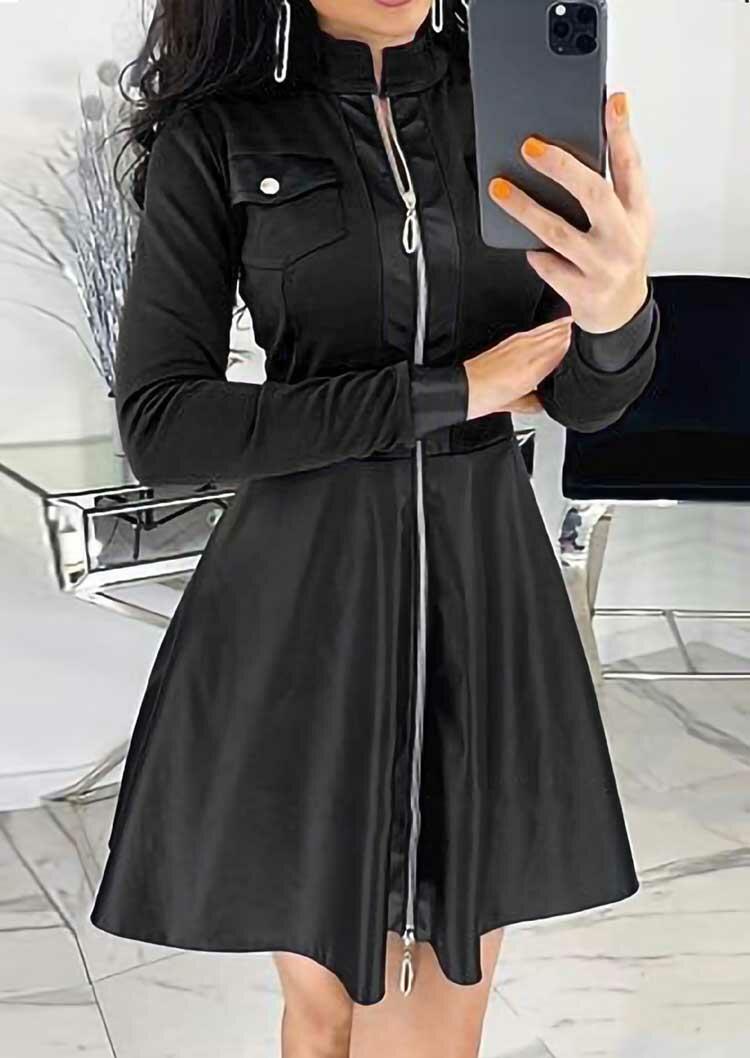 

Mini Dresses Button Pocket Zipper Long Sleeve Mini Dress in Black. Size
