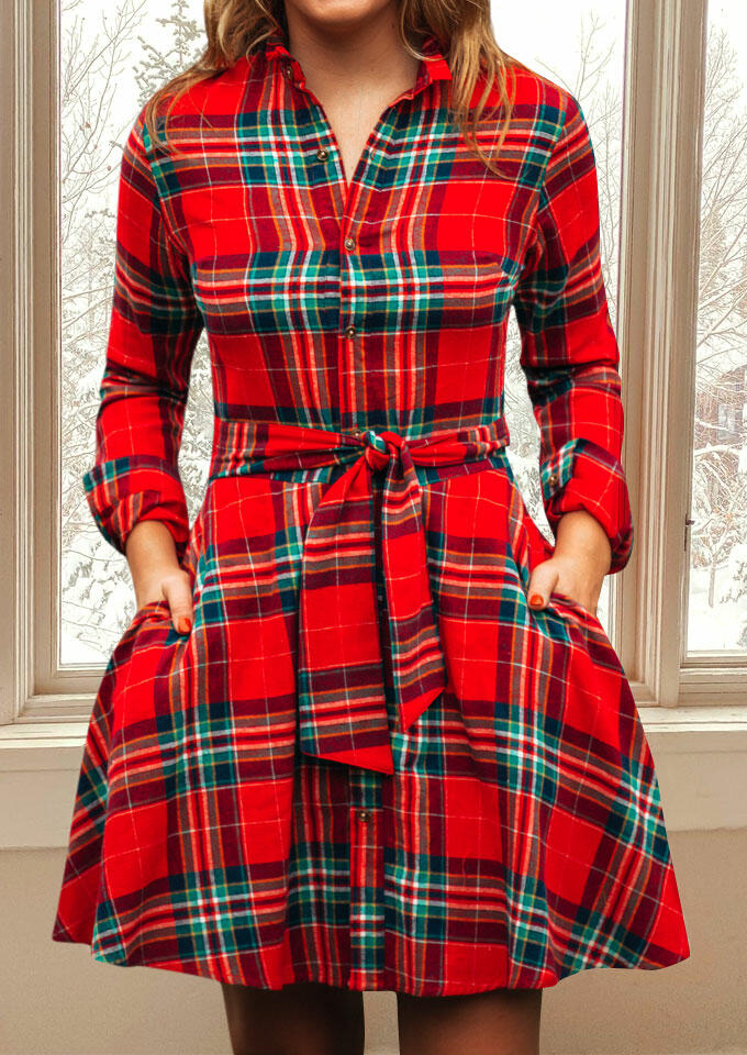 

Mini Dresses Plaid Button Pocket Turn-Down Collar Mini Dress in Plaid. Size: S,M,,XL
