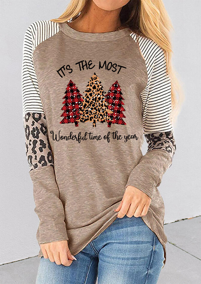 Leopard Plaid Christmas Trees Splicing Striped Blouse - Light Coffee
