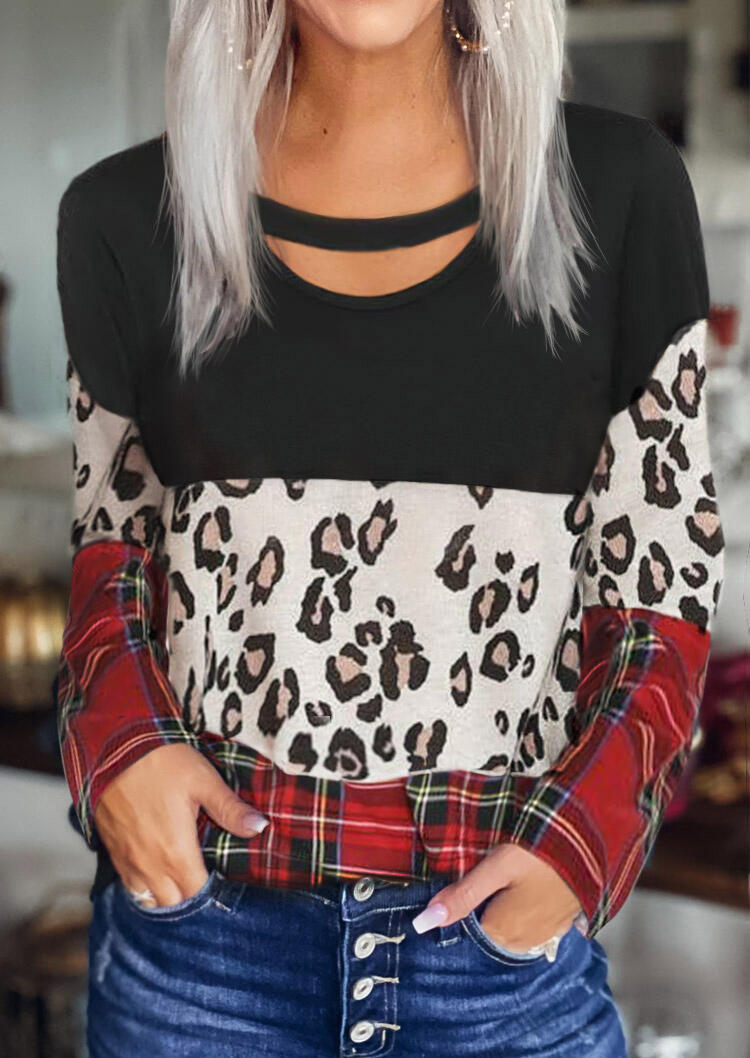 

Blouses Leopard Plaid Splicing Hollow Out Long Sleeve Blouse in Multicolor. Size