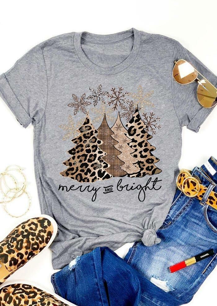 Leopard Christmas Tree Snowflake Merry And Bright T-Shirt Tee - Gray