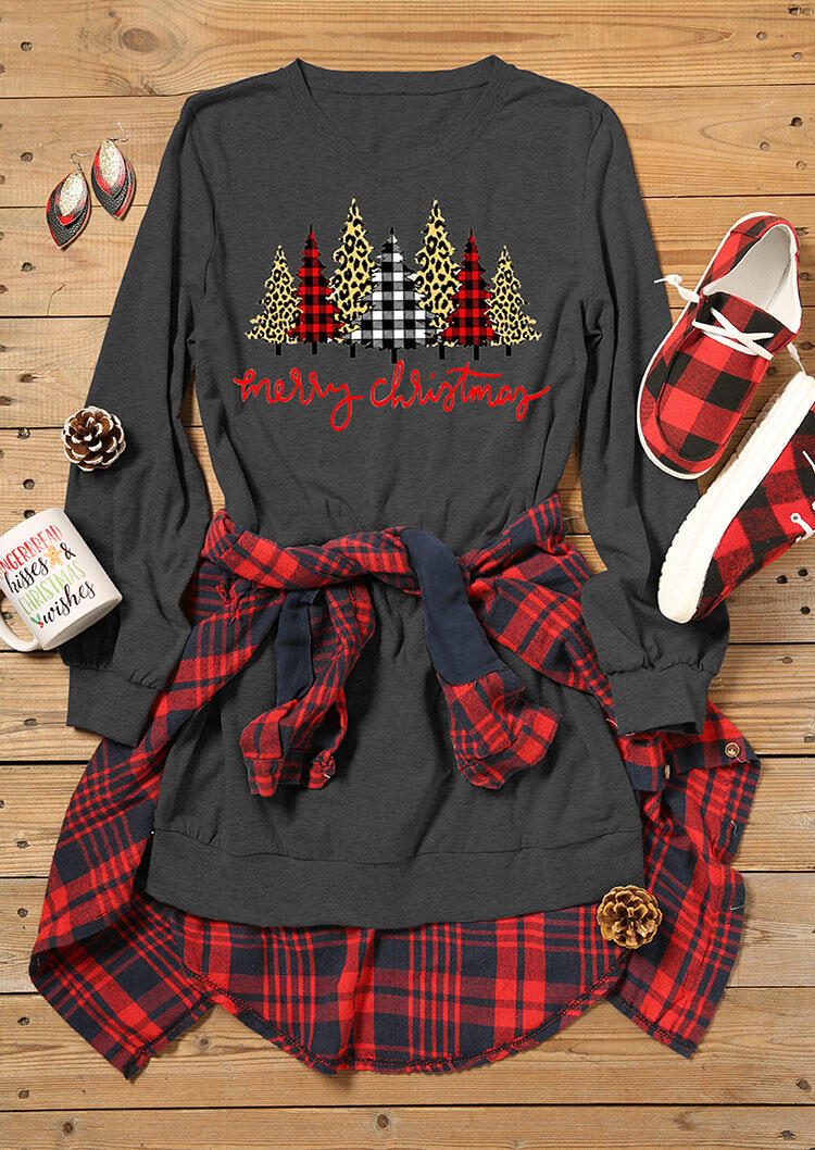 

Mini Dresses Merry Christmas Leopard Plaid Tree Mini Dress in Dark Grey. Size