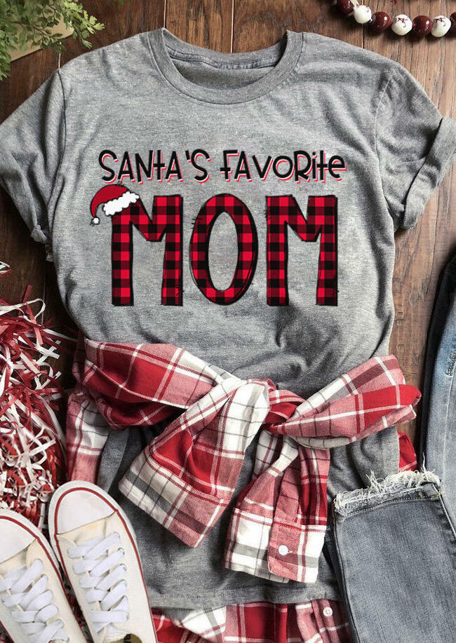 

T-shirts Tees Santa' Favorite Mom Buffalo Plaid T-Shirt Tee in Gray. Size