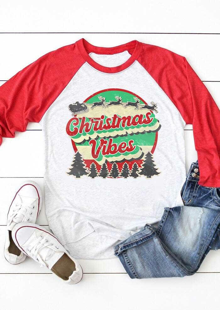 

T-shirts Tees Christmas Vibes Reindeer Tree Raglan Sleeve T-Shirt Tee in Red. Size: ,M