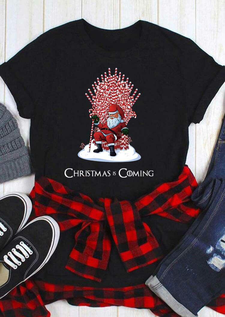 

T-shirts Tees Christmas Is Coming Santa Claus Candy Cane Throne T-Shirt Tee in Black. Size: ,M,L