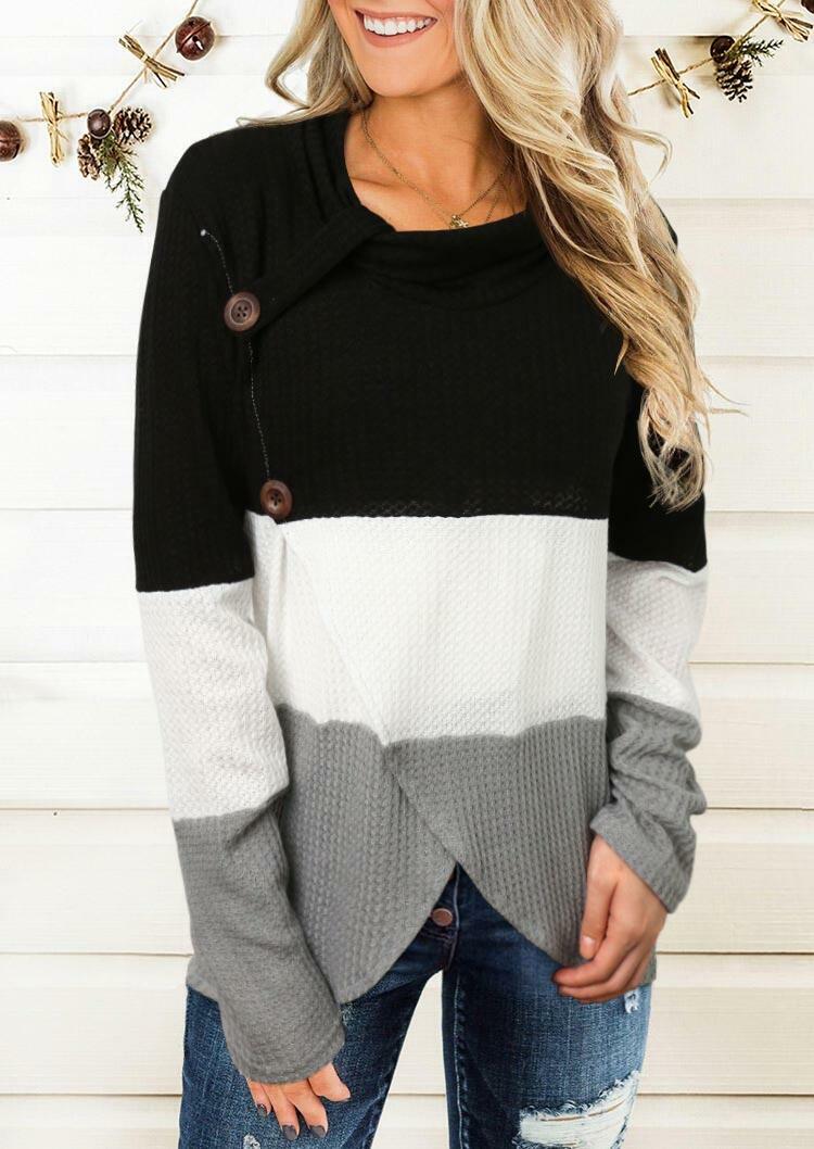 

Blouses Asymmetric Color Block Button Cowl Neck Blouse in Black. Size