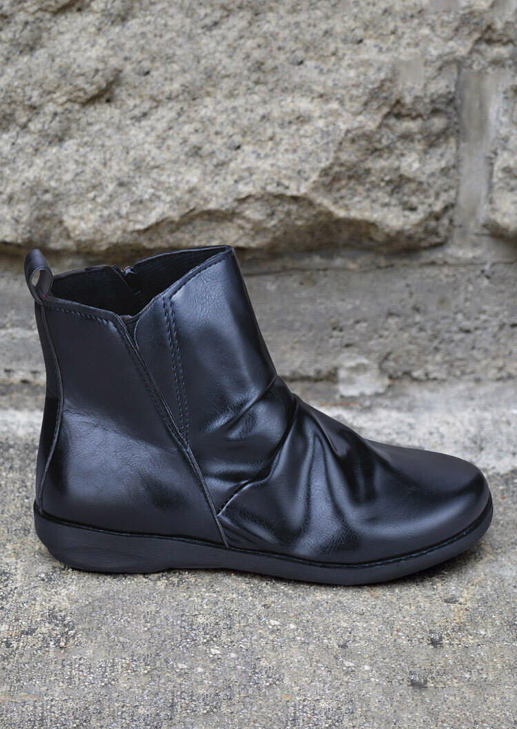 

Boots Zipper Ruffled Round Toe Flat Ankle Boots in Black. Size: ,40,41