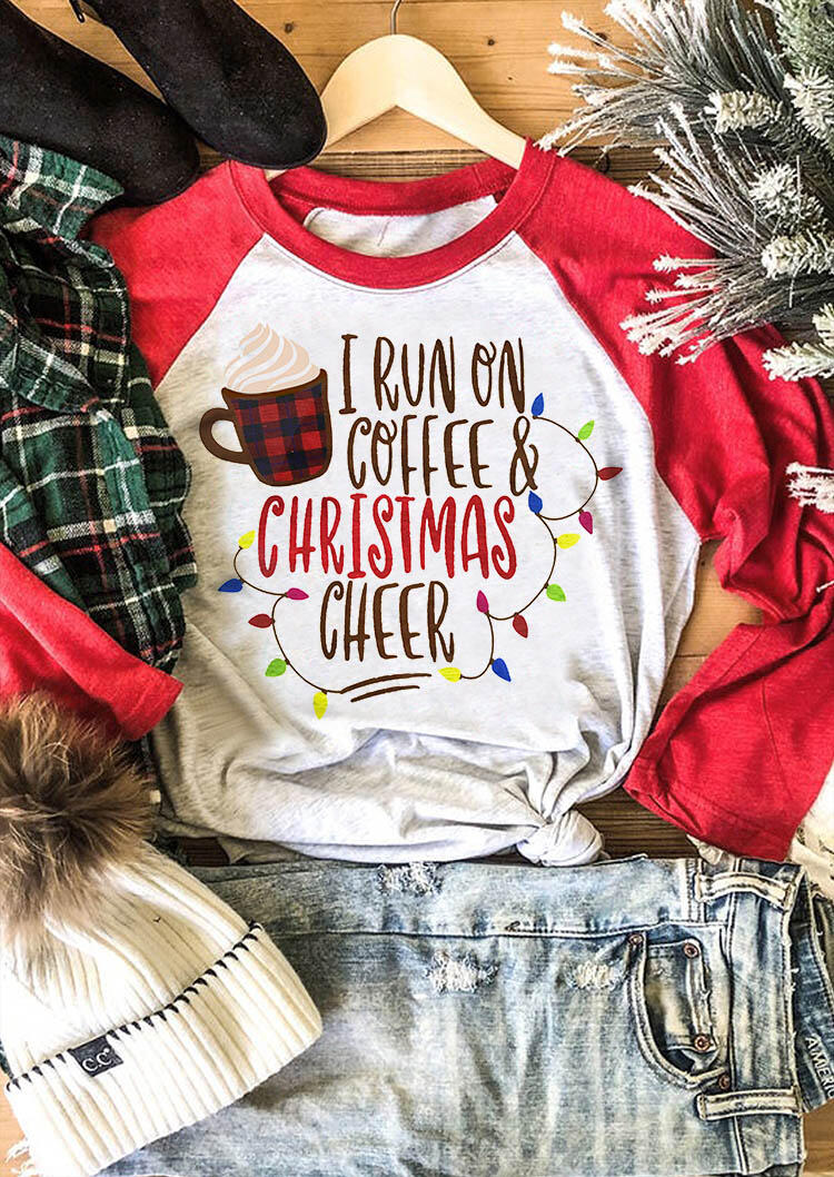 

Tees T-shirts I Run On Coffee & Christmas Cheer Baseball T-Shirt Tee in Red. Size