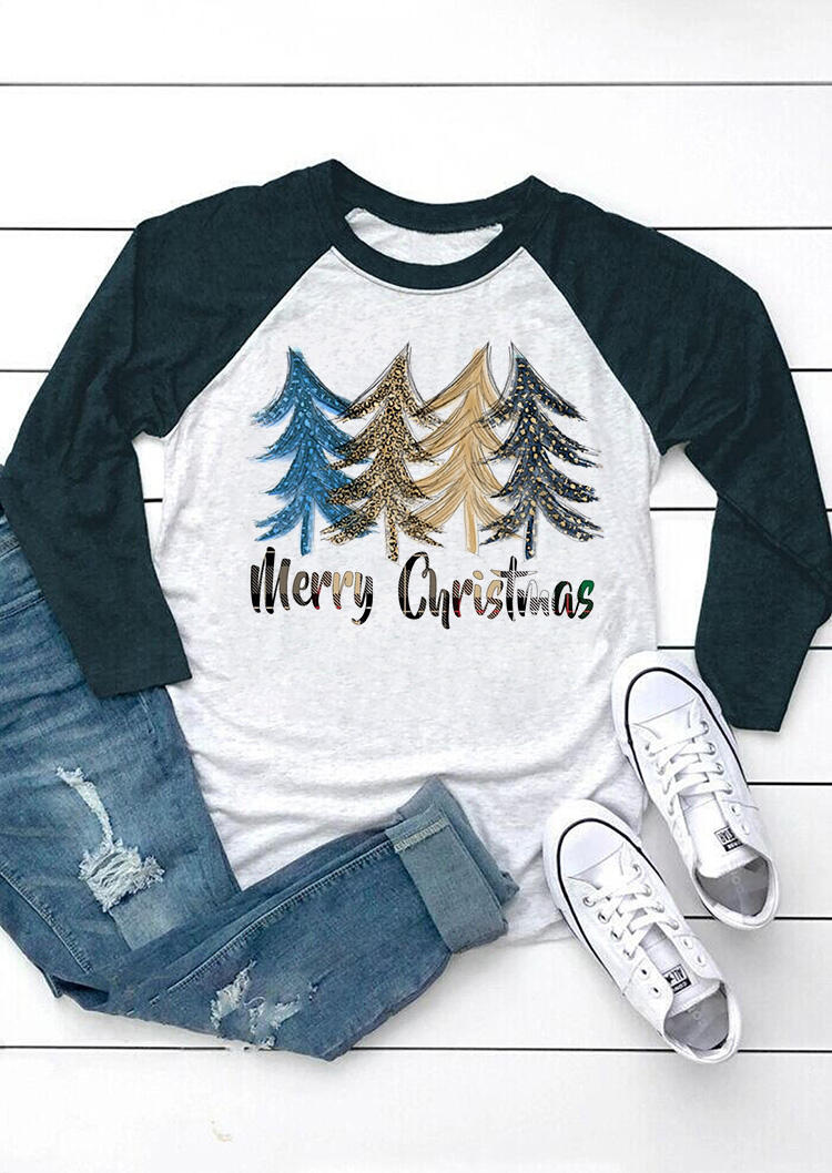 

T-shirts Tees Merry Christmas Leopard Trees O-Neck T-Shirt Tee in Navy Blue. Size: ,M