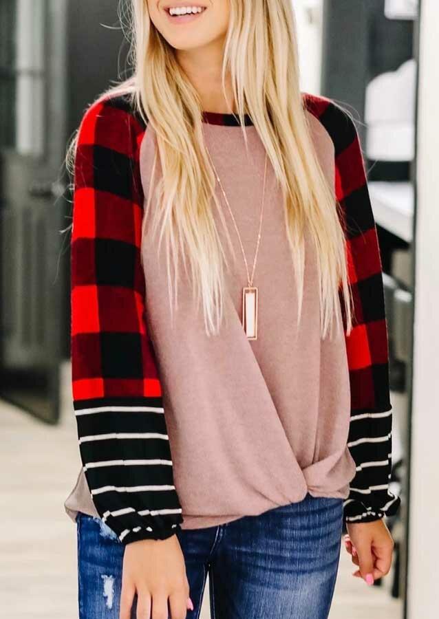 

Blouses Buffalo Plaid Striped Splicing Elastic Cuff Blouse in Multicolor. Size
