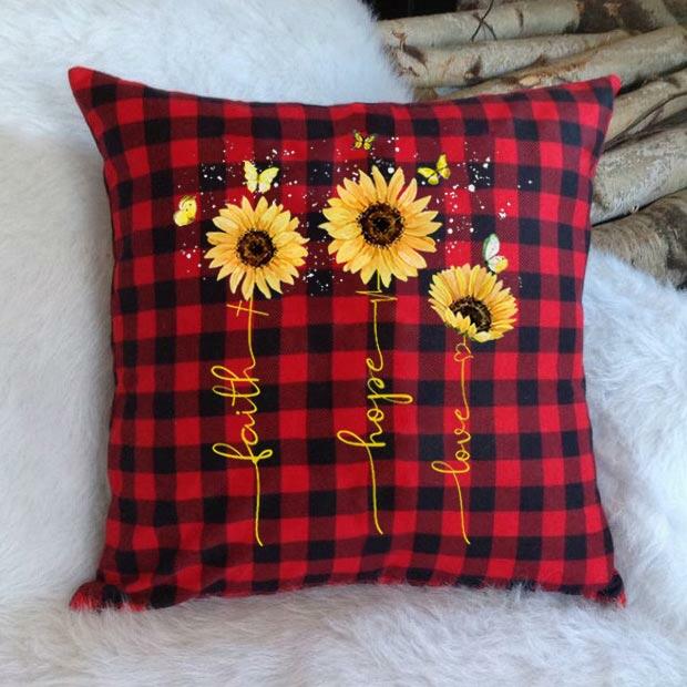 

Home Decor Buffalo Plaid Sunflower Faith Hope Love Pillowcase without Pillow in Red. Size