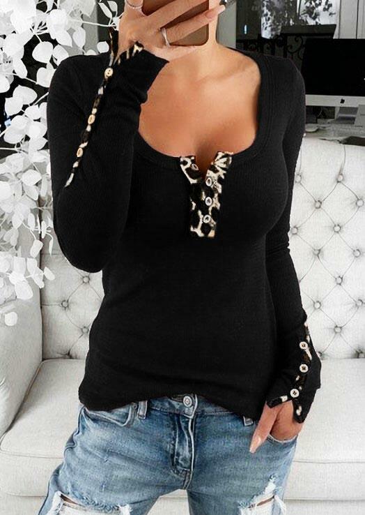 

Blouses Leopard Splicing Button Low Cut Blouse in Black. Size