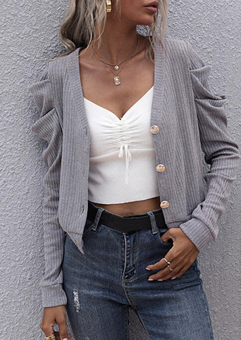 

Blouses Ruffled Button V-Neck Knitted Cardigan Blouse in Gray. Size